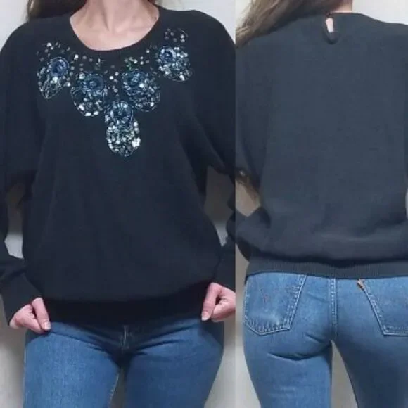 VINTAGE 80s Accent For You Sequin Black Sweater