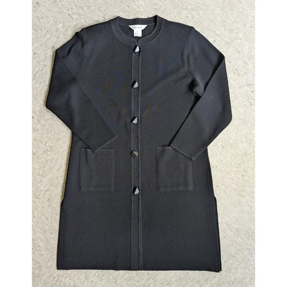 Misook Black Textured Knit Longline Cardigan Jacket Shoulder Pads Buttons Size M