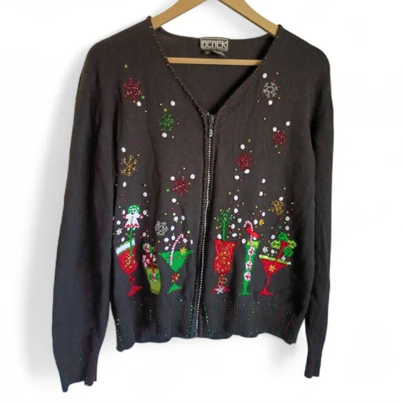 BEREK Vintage CHRISTMAS SWEATER Cocktails Cotton Blend Full Zip Cardigan XL