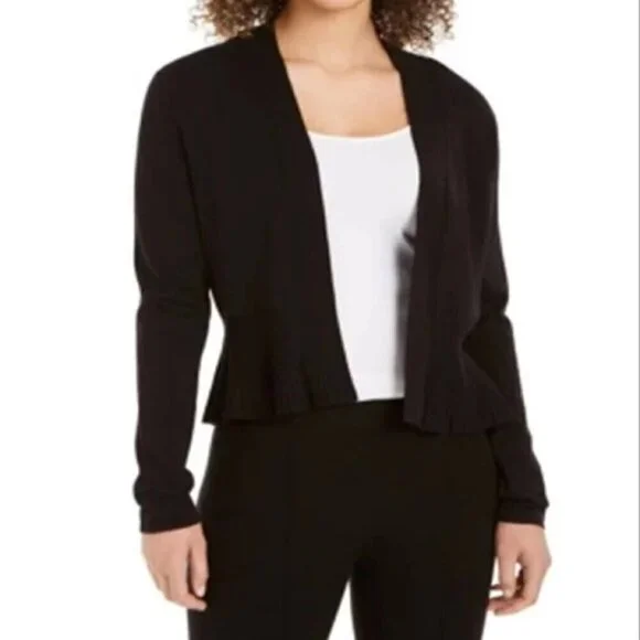 Charter Club Women's Size L Black Ramie Peplum Hem Open Front Cardigan Sweater