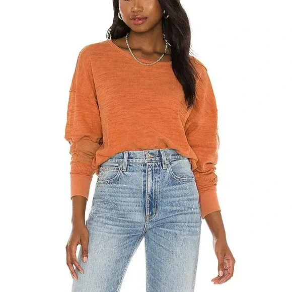 Free People 5 star tee Y2K patches preppy crew sweater brick Orange XS A004908