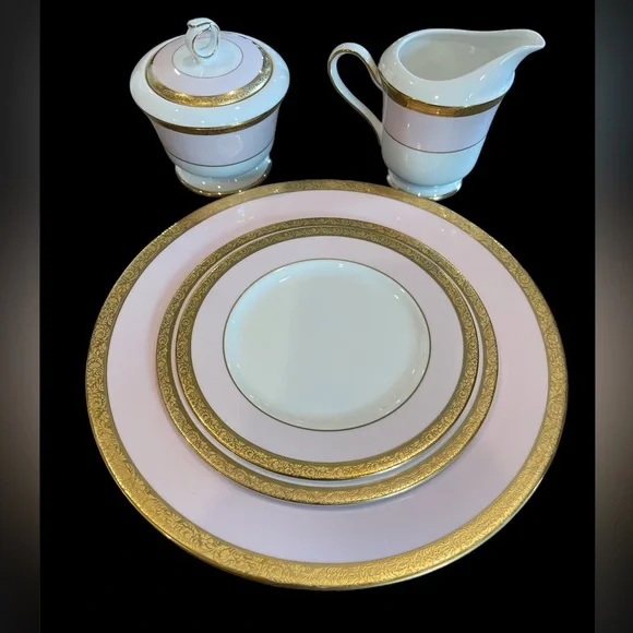 6pc Mary Kay Dinner Set - 40th Year Mary Kay Gold, Barbie Pink, and White.