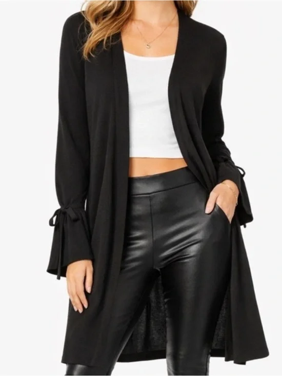 Halogen Black Long Open Cardigan Tie bell Sleeves Viscose Blend M