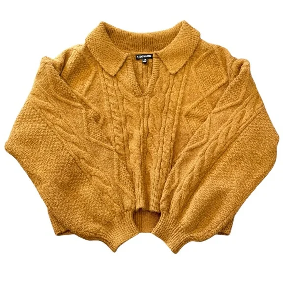 Steve Madden Women’s Knit Mustard Yellow Color Crop Sweater with Collar Size M