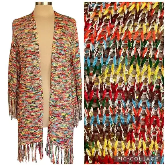 Easel Multicolor Variegated Longline Cardigan Sequins Fringe M/L Boho Festival