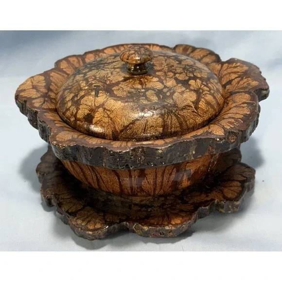 RARE Vintage 7 Piece Chrysanthemum Wood Bowl w/‎ Lid, Plate and 4 Coasters