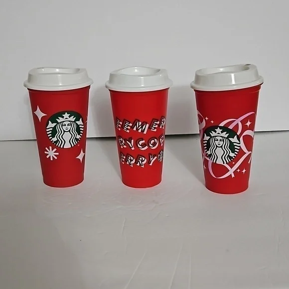 Starbucks  Plastic Reuseable Cups Lot of 3 Christmas Holiday  16oz Pre-owned