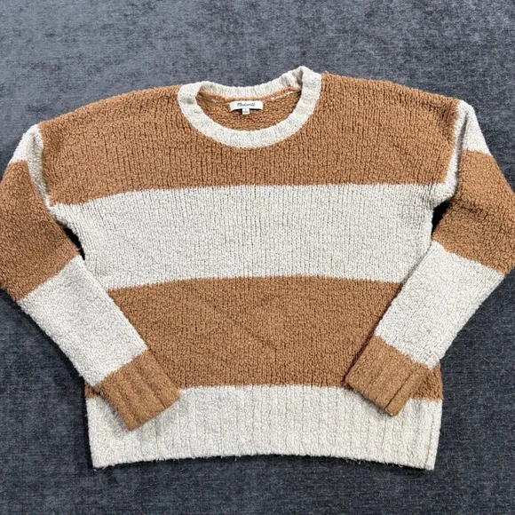 Madewell Womens Striped Boucle Crewneck Sweater Brown Cream Sz Small Long Sleeve
