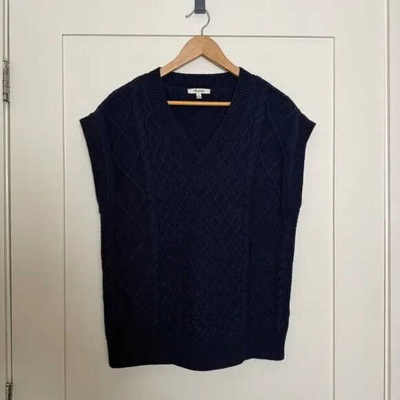 Madewell Sweater Vest Women Sz XS Navy Cable Knit V Neck Short Sleeve Wool Blend