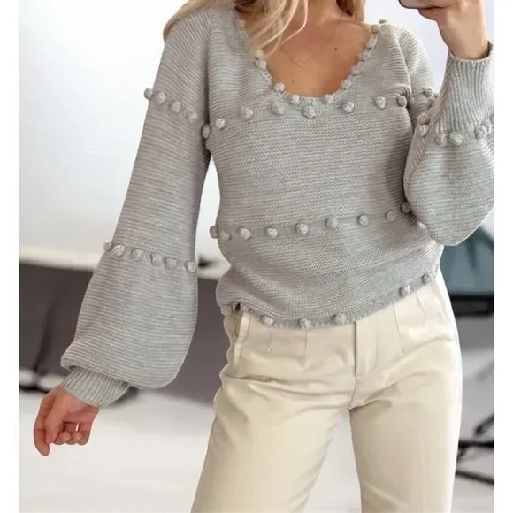 Storia Bobble Pom Pom Sweater Gray Size Medium