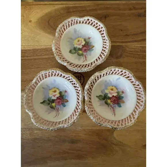Set of 3 Vintage Bavarian Reticulated Porcelain Dishes Mid-Century Trinket Bowls