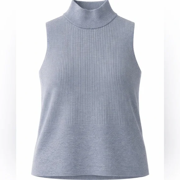 Halston 100% Merino Wool Soft Blue Sleeveless Ribbed Pullover Sweater, Size XL