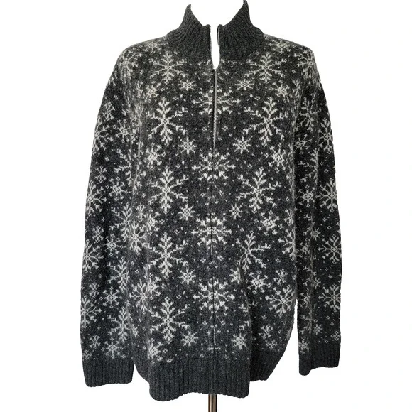 Jones New York Lambswool Mohair Cardigan Zip Sweater Gray Snowflakes Winter Sz L