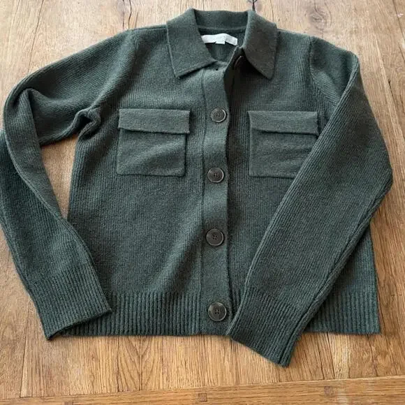 LOFT Collared Pocket Green Button-Up Knit Cardigan Sweater Jacket Size XS