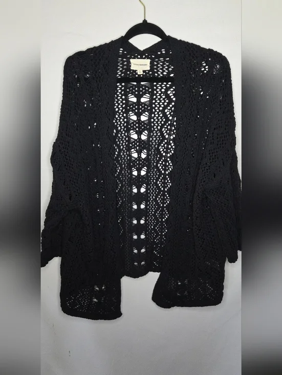 Lucky Brand Women Large Black Open Knit Crochet Open Front Boho Cardigan