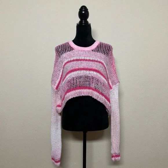 Kimchi Blue top women medium sheer lightweight striped cropped crewneck sweater