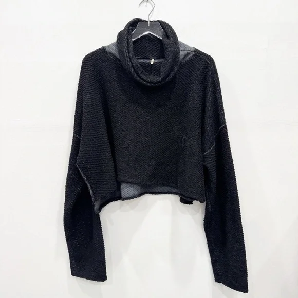 Free People Turtleneck Crop Knit Wide Sleeve Sweater Top Black Gray X-Small