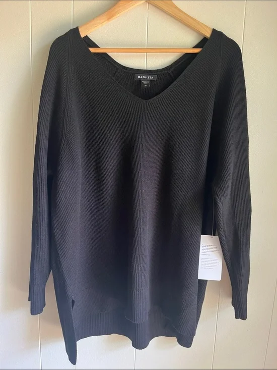 NWT Athleta Hanover Refined Black V-Neck Ribbed Merino Wool Pullover Sweater 2X