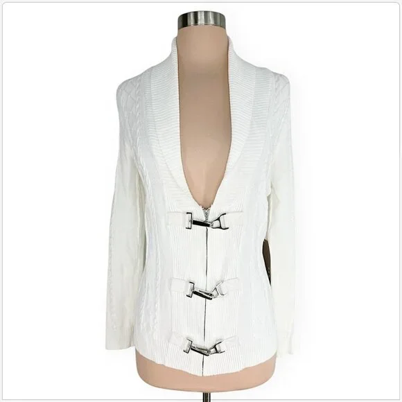 Kenar White Cableknit Zip Front Silver Metal Clasp Cardigan Sweater NWT NEW S