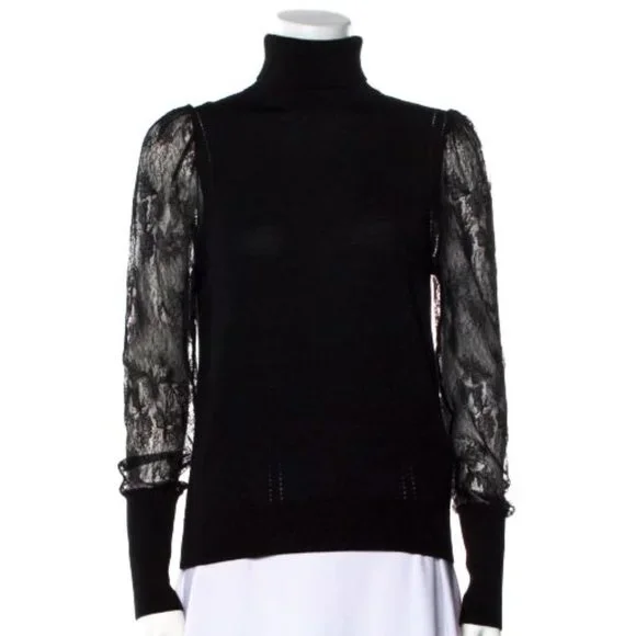 Equipment Femme Black Wool Silk Knit Turtleneck Sheer Lace Sleeves Knit Long Cuf