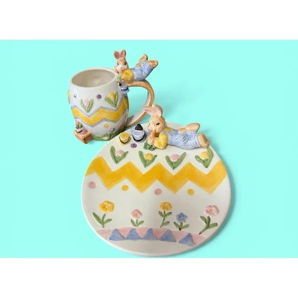 Fitz & Floyd Omnibus Eggspress Bunny‎ Rabbit Plate Cup Set Pastel Spring Vintage