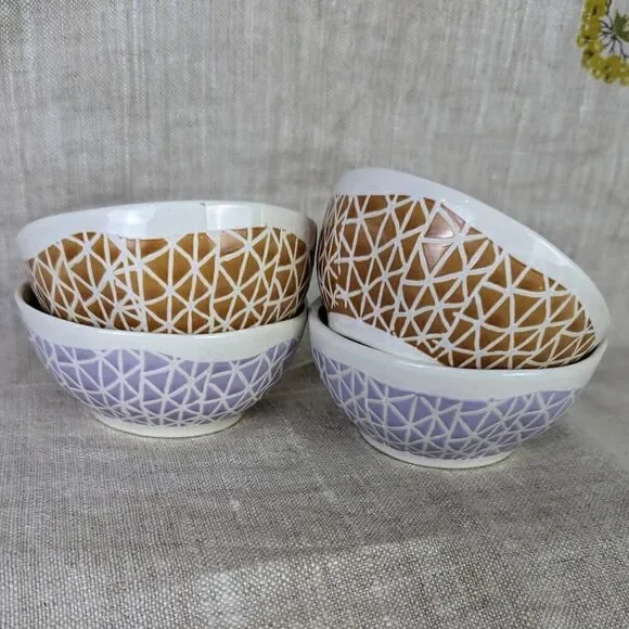 Creative Co-Op Patterned Stoneware Bowls Purple and Brown Set of 4