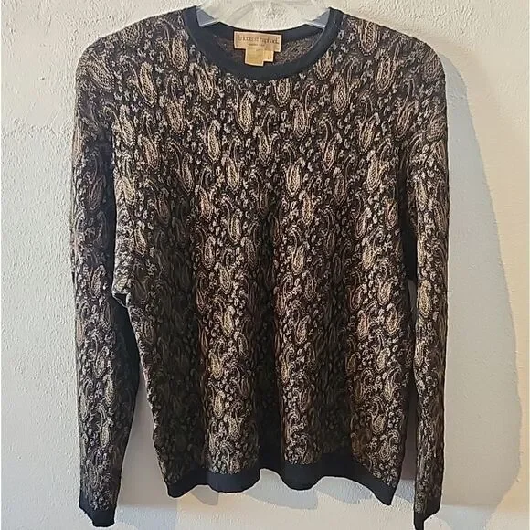 Tricots St Raphael Vintage Sweater Women L Unisex Floral Black Gold Wool Viscose