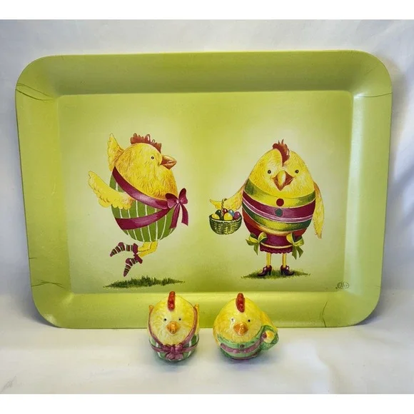 Vintage Ideal Home Range Easter Chicken Melamine Tray And Salt & Pepper Shakers