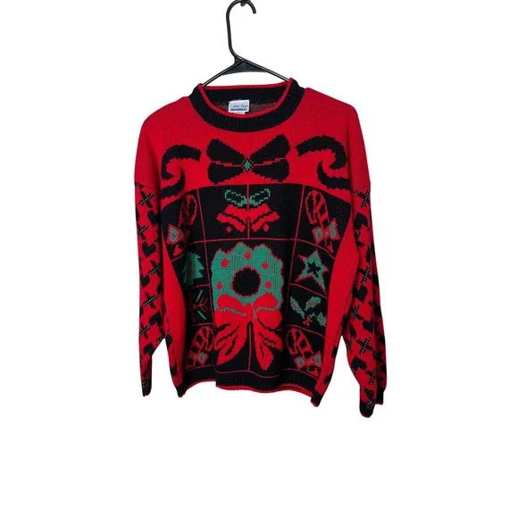 Vintage Cabin Creek Red Black Green Ugly Christmas Sweater Size L Holiday