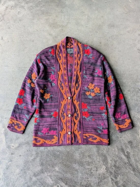 Vintage Purple Floral Wool Blend Oversized Boyfriend Cardigan Eclectic Grandpa