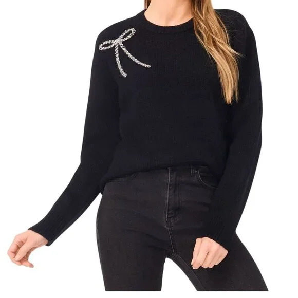NWT Cece Oversized Crewneck Bow Appliqué Long-Sleeve Sweater LARGE MSRP $79