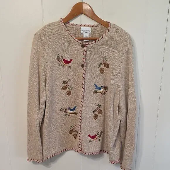 Breckenridge Oatmeal Embroidered Birds Beads Sweater Cardigan Women 2X Cabincore