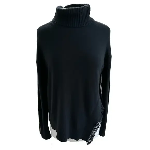 Vineyard Vines Black Size Small Sweater Wool Cashmere Fringe Trim Turtleneck