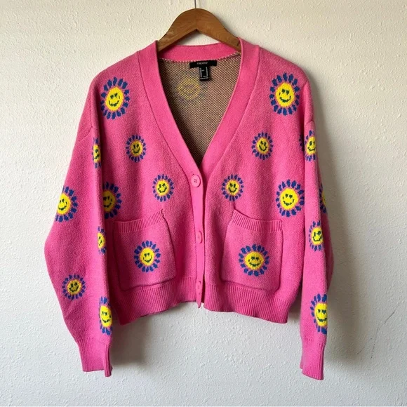 Forever 21 Pink Floral Smiley Cardigan M