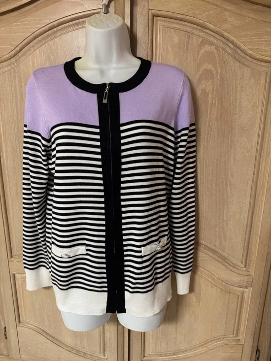 NEW Lilac and Black Striped Zip-Front Women's Sweater