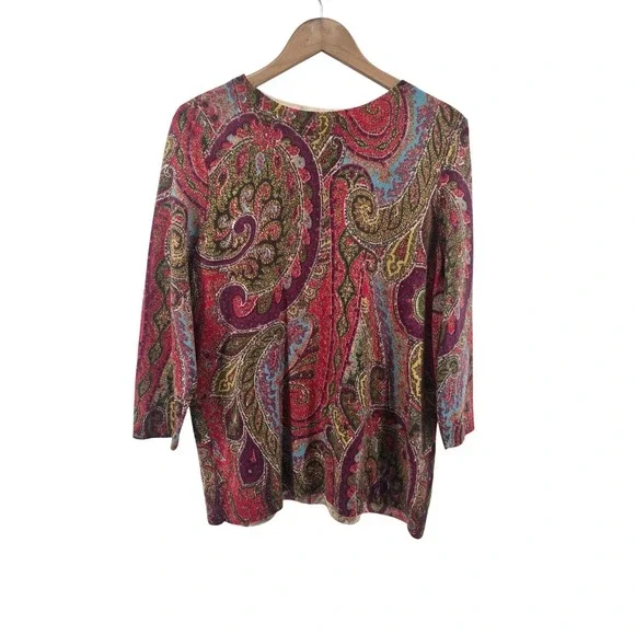 Talbots Sweater Womens 1X Multicolor Paisley Pure Merino Wool 3/4 Sleeve Scoop