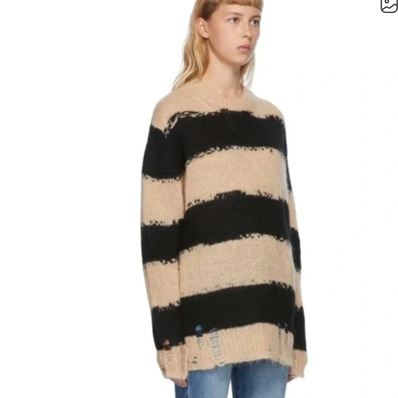 ACNE STUDIO Striped Distressed Crewneck beige black Sweater large