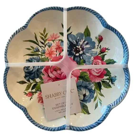 NEW Shabby Chic Floral Melamine Salad Plates 9in Set of 4 Scalloped Blue Border