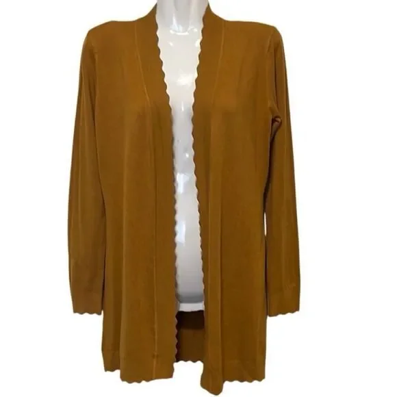 Evolution women's cardigan Size XSP‎ golden mustard holiday scalloped trim NWT