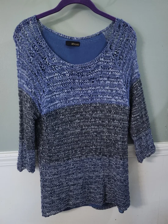 Renuar Blue Gradient Open-Knit Scoop Neck Sweater