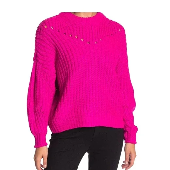 Elodie Magenta Pink Chunky Ribbed Knit Oversized Pointelle Sweater Womens Medium