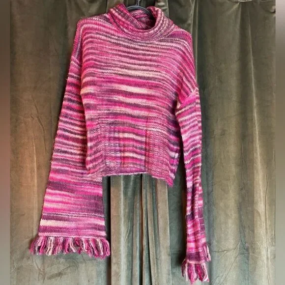 Gorgeous bell, fringe sleeve Striped Pink Sweater
