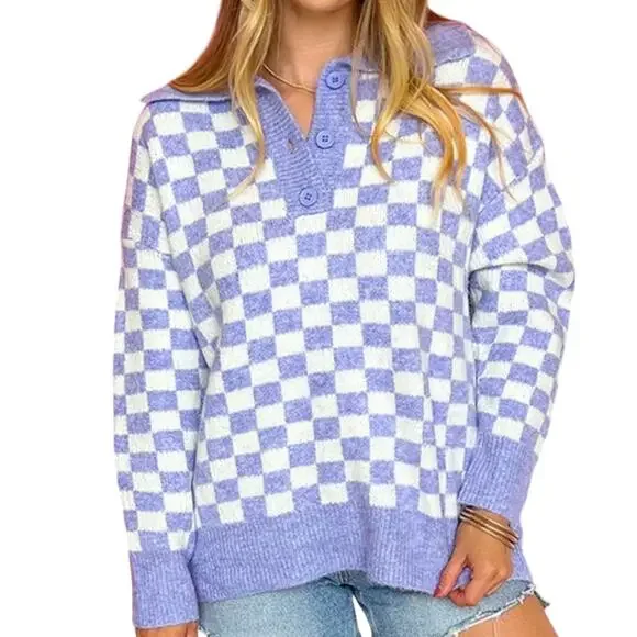 Bibi Purple Checker Knit Pullover Sweater Size Medium Oversized Collared