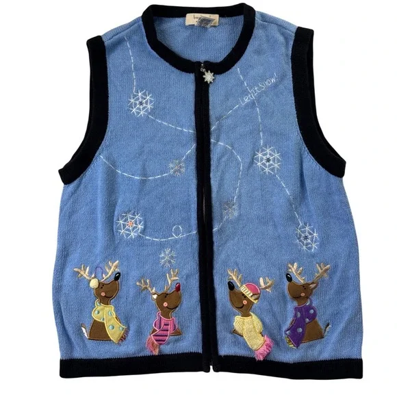 Bechamel Christmas Reindeer Snowflake Zip Up Sweater Vest Blue Womens Large vtg