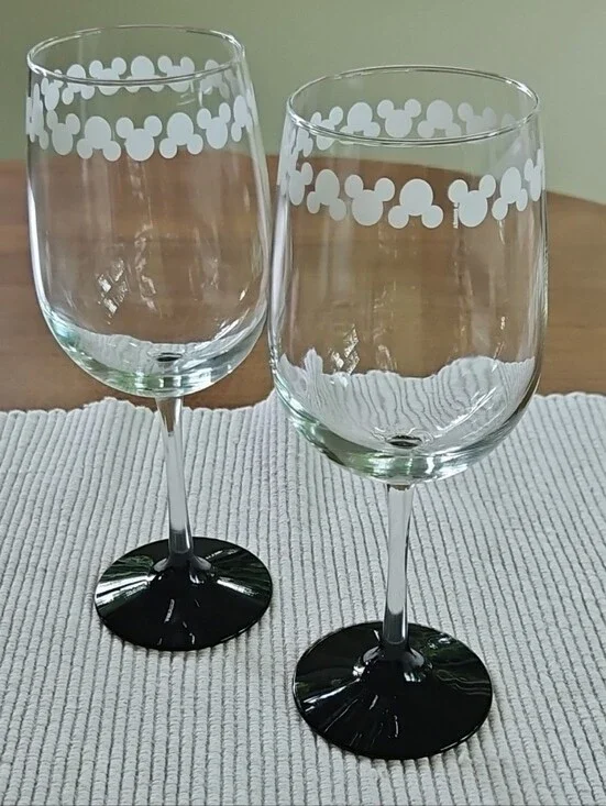 Disney White Mickey Pattern Stem Wine Glasses, Set of 2