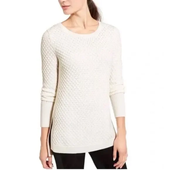 Athleta Honeycomb Cream Color Sweater Cozy Tunic, merino wool blend Sz Medium