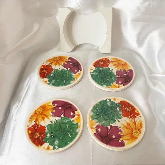 Heavy Ceramic cork top floral print drink coaster set with caddy. 4 pc. set