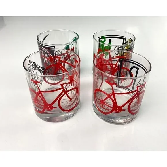 Set of 4 Lowball Whiskey Short Tumbler Glasses Bicycle Bronco Monogram Barware C