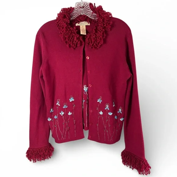 Y2K TELLURIDE 90s Fringe Trim 3D Floral Cardigan Sweater Whimsigoth Boho Size L