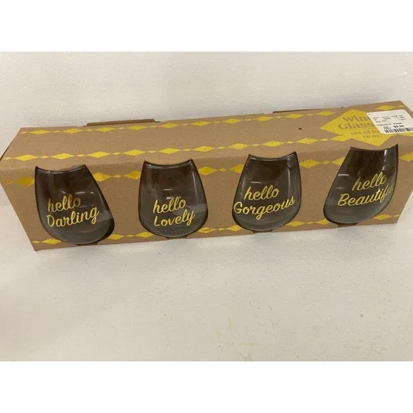 NEW Hello Gorgeous Darling Lovely Beautiful Wine Glasses (4) 16 oz Clear w/Gold